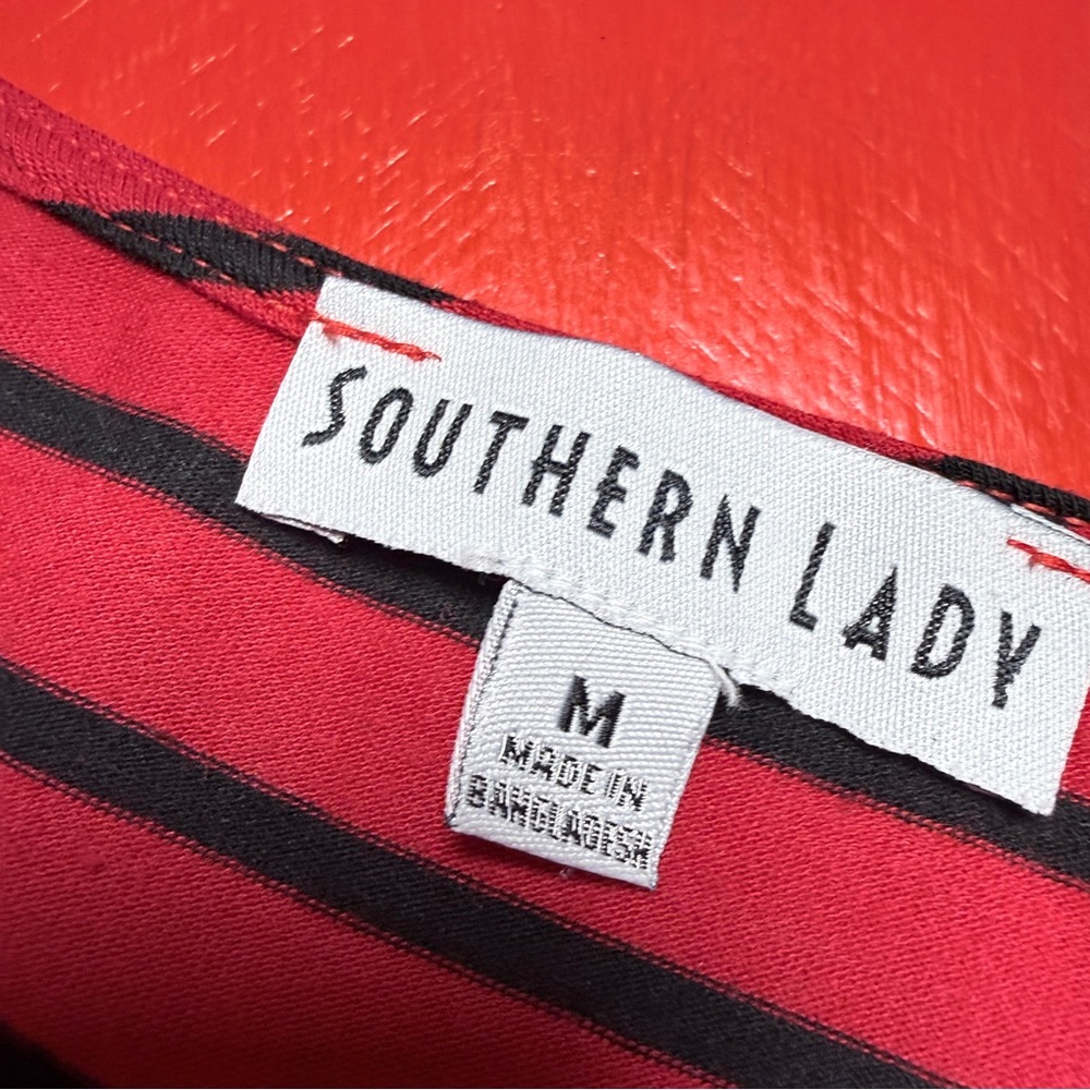 SOUTHERN LADY RED BLACK STRIPES RUFFLE SLEEVE TOP - Picture 4 of 6